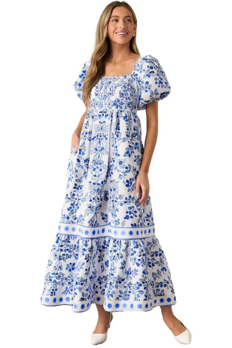 Sky Blue Floral Print Square Neck Bubble Sleeve Dress - Love Salve